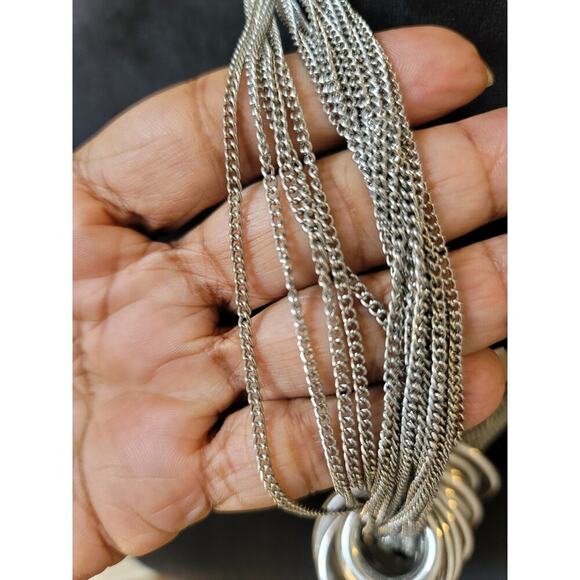 Women's Chunky Silver Statement Necklace With Rings And Lobster Clasp Lock - Picture 7 of 8